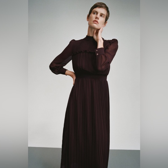 NWOT Zara Dark Brown High Collar Pleated Long Dress XS - Picture 1 of 5